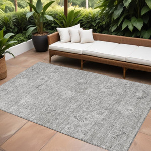 10' X 14' Gray And Silver Damask Washable Indoor Outdoor Area Rug