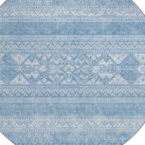 8' Sky Blue And Ivory Round Southwestern Washable Indoor Outdoor Area Rug