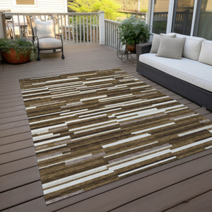 8' X 10' Brown And Ivory Striped Washable Indoor Outdoor Area Rug Transitional Style - Brown, Ivory Color