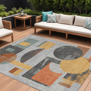 10' X 14' Gray Gold And Orange Geometric Washable Indoor Outdoor Area Rug