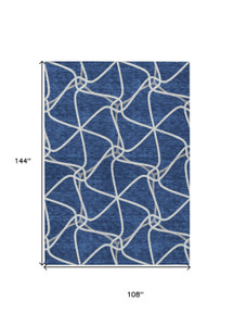 9' X 12' Blue And Ivory Geometric Washable Indoor Outdoor Area Rug Contemporary Style - Blue, Ivory Color