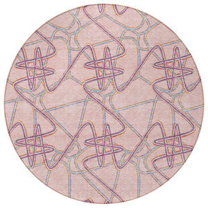 8' Pink Purple And Sky Blue Round Geometric Washable Indoor Outdoor Area Rug