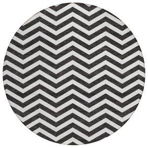 8' Black And Ivory Round Chevron Washable Indoor Outdoor Area Rug