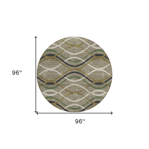 8' Taupe Beige And Charcoal Round Abstract Washable Indoor Outdoor Area Rug