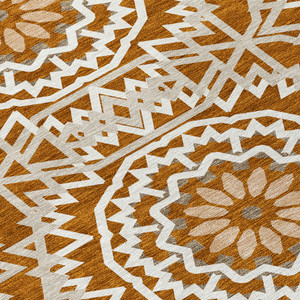 8' Orange Copper And Beige Round Floral Medallion Washable Indoor Outdoor Area Rug