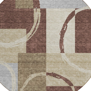 8' Brown And Ivory Round Geometric Washable Indoor Outdoor Area Rug - 880016757613