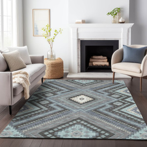 8' X 10' Pewter Charcoal And Sky Blue Tribal Washable Indoor Outdoor Area Rug