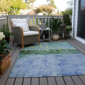 10' X 14' Blue And Lime Green Abstract Washable Indoor Outdoor Area Rug
