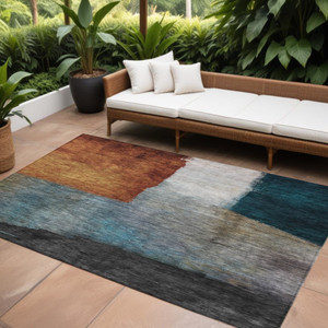 10' X 14' Copper Green And Gray Abstract Washable Indoor Outdoor Area Rug