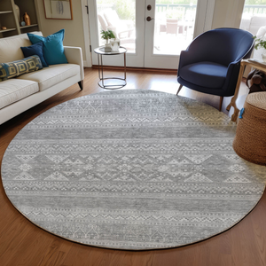 8' Silver Gray And Ivory Round Southwestern Washable Indoor Outdoor Area Rug