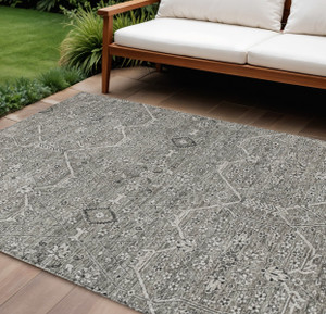 8' X 10' Pewter Floral Washable Indoor Outdoor Area Rug