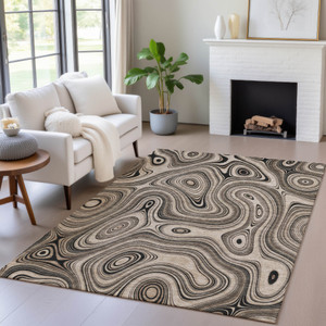 8' X 10' Beige And Charcoal Geometric Washable Indoor Outdoor Area Rug