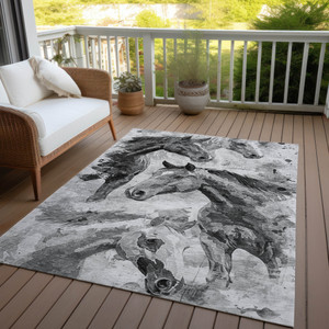 8' X 10' Gray And Silver Horse Washable Indoor Outdoor Area Rug - Gray, Silver