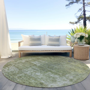 8' Artichoke Green And Beige Round Abstract Washable Indoor Outdoor Area Rug - Artichoke Green, Beige