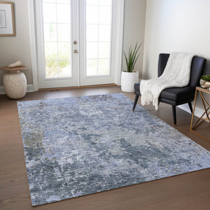 8' X 10' Blue And Dark Gray Abstract Washable Indoor Outdoor Area Rug