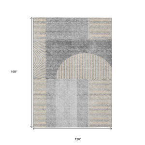 10' X 14' Silver Gray And Beige Geometric Washable Indoor Outdoor Area Rug