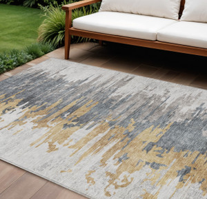 8' X 10' Ivory Charcoal And Silver Abstract Washable Indoor Outdoor Area Rug
