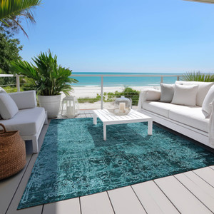 9' X 12' Teal Abstract Washable Non Skid Indoor Outdoor Area Rug - 608219081973