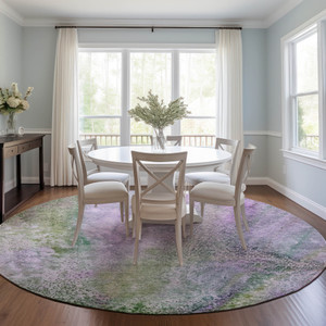 8' Round Purple Round Abstract Washable Non Skid Indoor Outdoor Area Rug