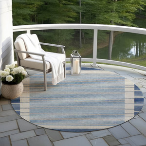 8' Navy Blue And Denim Blue Round Striped Washable Indoor Outdoor Area Rug - 880016621969