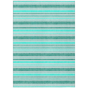 10' X 14' Turquoise Striped Washable Indoor Outdoor Area Rug