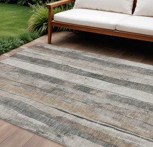 9' X 12' Beige And Gray Striped Washable Indoor Outdoor Area Rug - Beige, Gray