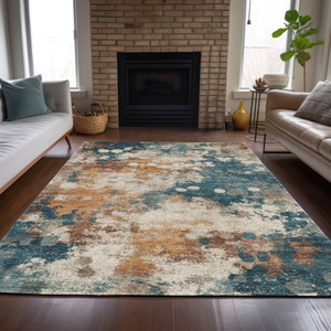 10' X 14' Teal Blue And Copper Abstract Washable Indoor Outdoor Area Rug - 880016635997