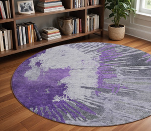 8' Purple Lilac And Eggplant Round Abstract Washable Indoor Outdoor Area Rug - Purple, Lilac, Eggplant