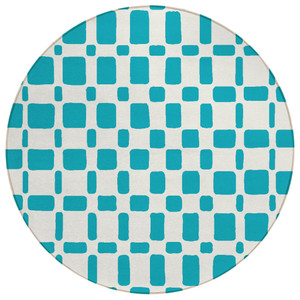 8' Teal Blue And Ivory Round Geometric Washable Indoor Outdoor Area Rug Transitional Style - Teal Blue, Ivory Color