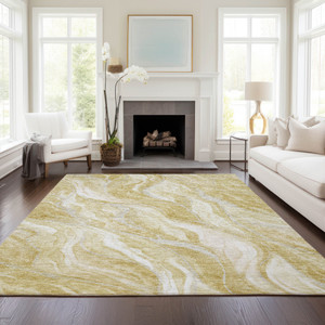 9' X 12' Gold Beige And Ivory Abstract Washable Indoor Outdoor Area Rug