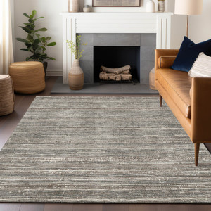 9' X 12' Beige And Gray Striped Washable Indoor Outdoor Area Rug - Beige, Gray
