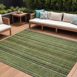 9' X 12' Green Gold And Gray Striped Washable Indoor Outdoor Area Rug