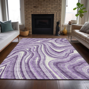 9' X 12' Lavender Purple And Ivory Abstract Washable Indoor Outdoor Area Rug - Lavender, Purple, Ivory