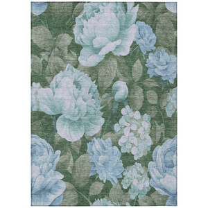 9' X 12' Sky Blue And Taupe Floral Washable Indoor Outdoor Area Rug