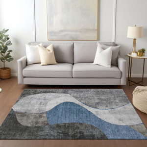 10' X 14' Denim Blue And Sky Blue Abstract Washable Indoor Outdoor Area Rug - 608219105105