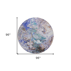 8' Beige Blue And Taupe Round Abstract Washable Indoor Outdoor Area Rug
