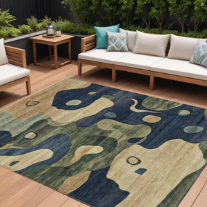 9' X 12' Navy Blue Gold And Olive Green Abstract Washable Indoor Outdoor Area Rug