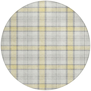 8' Yellow And Gray Round Plaid Washable Indoor Outdoor Area Rug