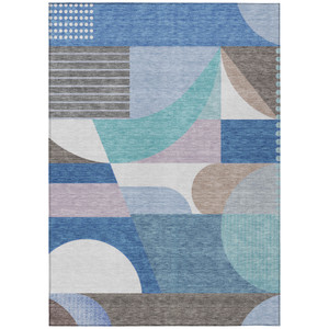 9' X 12' Sky Blue Teal Blue And Brown Geometric Washable Indoor Outdoor Area Rug