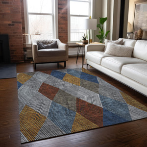 10' X 14' Gray Gold And Blue Argyle Washable Indoor Outdoor Area Rug