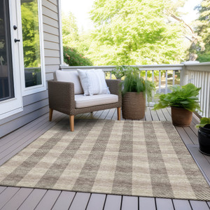 9' X 12' Beige And Brown Plaid Washable Indoor Outdoor Area Rug