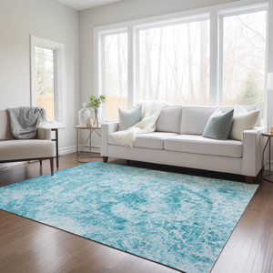 10' X 14' Teal Abstract Washable Non Skid Indoor Outdoor Area Rug Transitional Style - Teal Blue Color