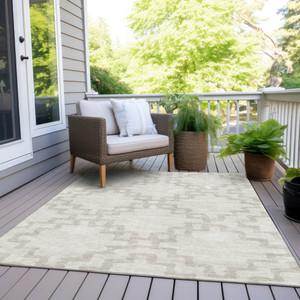 9' X 12' Ivory And Beige Geometric Washable Indoor Outdoor Area Rug - 608219199593