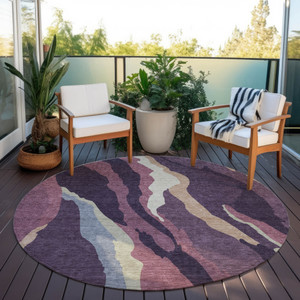 8' Plum Purple And Ivory Round Abstract Washable Indoor Outdoor Area Rug