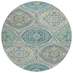 8' Teal Blue Fern Green And Beige Round Floral Washable Indoor Outdoor Area Rug