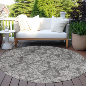 8' Gray And Pewter Round Damask Washable Indoor Outdoor Area Rug