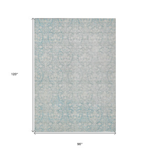 8' X 10' Aqua Damask Washable Indoor Outdoor Area Rug