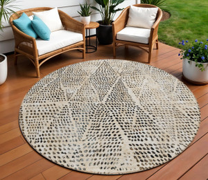 8' Beige Ivory And Black Round Geometric Washable Indoor Outdoor Area Rug