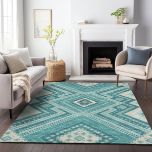10' X 14' Teal Blue And Ivory Tribal Washable Indoor Outdoor Area Rug