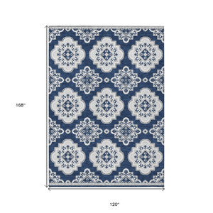 10' X 14' Navy Blue And Ivory Medallion Washable Indoor Outdoor Area Rug - 608219320409